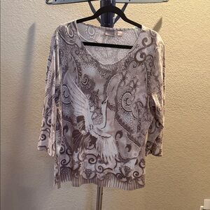 Chico's Beige Paisley Blouse with Crane Design. Size 3